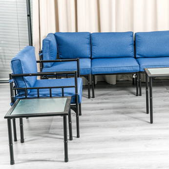 RXOP1 蓝色垫子扶手竹节结构带茶几7件套冷轧板欧式休闲沙发组合套户外家具